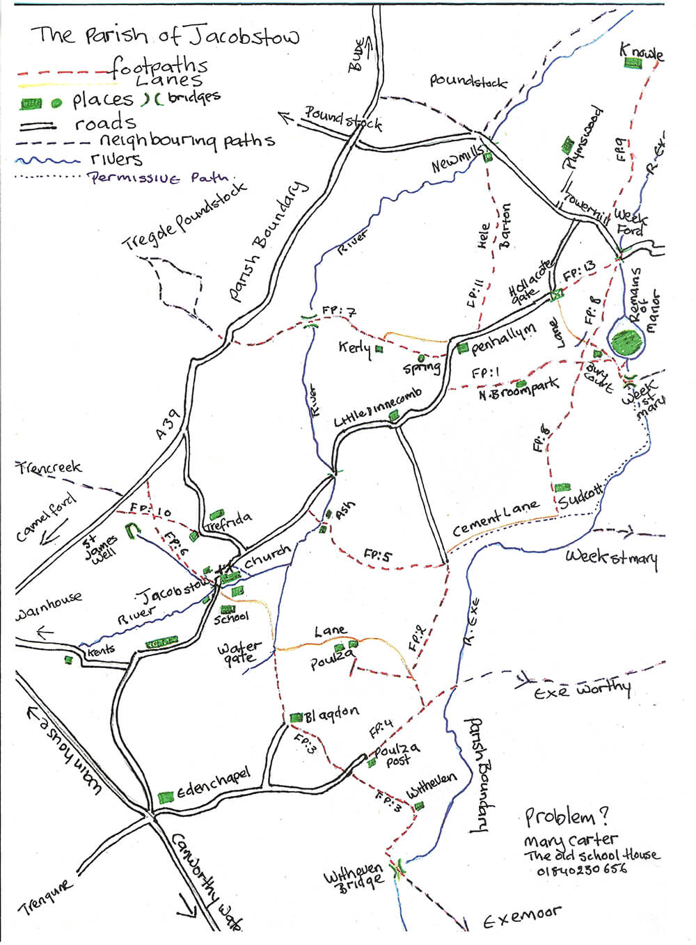 Map of footpaths in Jacobstow Parish