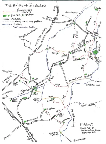 Hand drawn map of footpaths in Jacobstow Parish